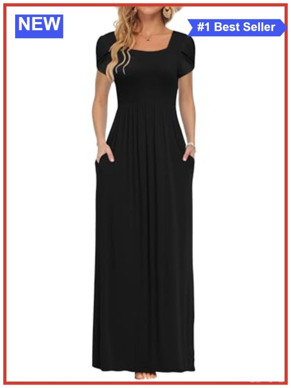 Women's Maxi Dress Petal Short Sleeve Square Neck Pockets Casual Long Dress